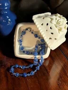 Vintage Vibrant Blue Glass Beaded Necklace And Lovely Ivory Trinket Dish